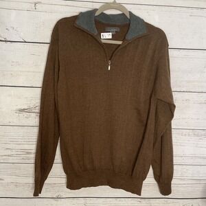 Cezani Sweater Mens Large‎ Brown 100% Extra Fine Merino Wool 1/3 Zip Minimalist